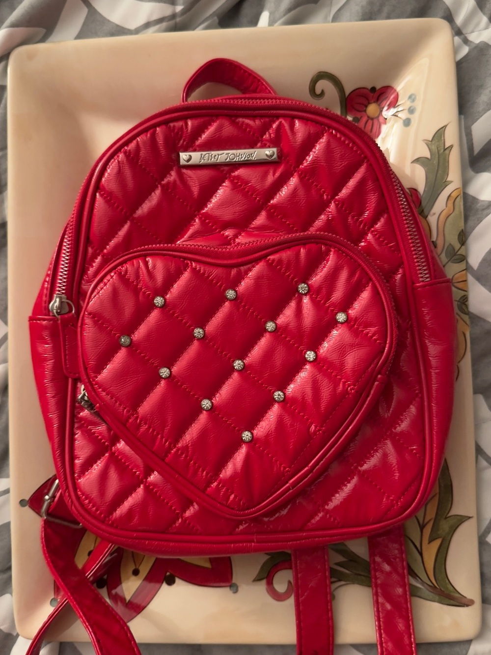 Betsey Johnson Red Quilted Heart Backpack with Stud Accents